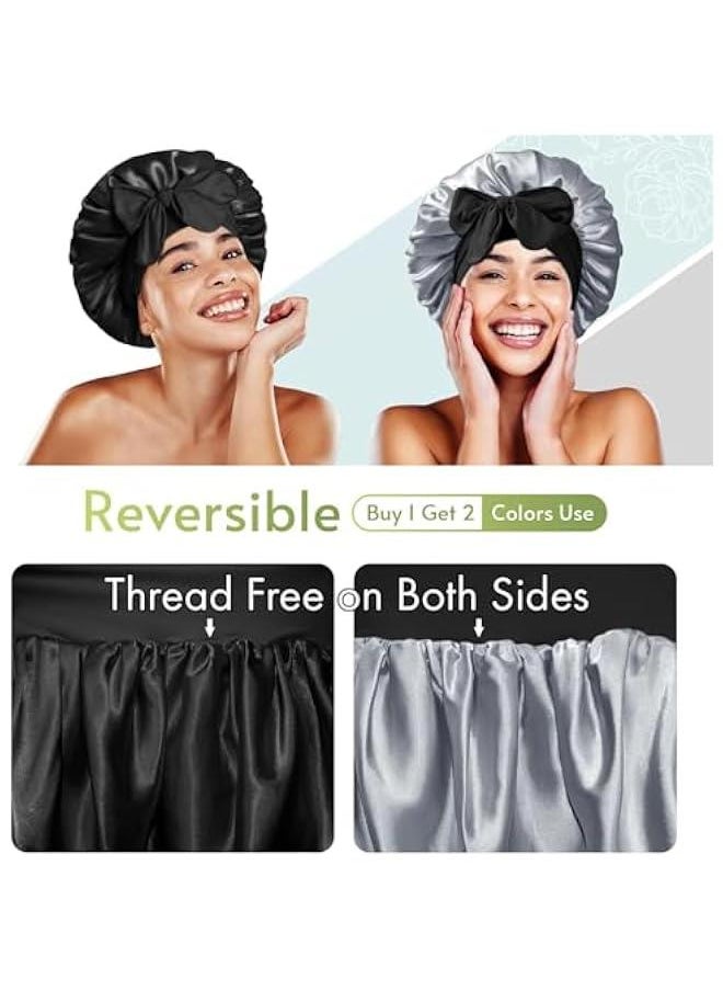 Generic Silk Bonnet for Sleeping Double Layer Satin Bonnet Reversible Bonnet with Tie Band Hair Bonnet Sleep Cap for Women Curly Hair,Black+Grey  - Image 2