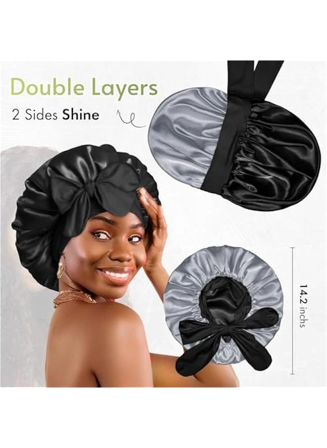Generic Silk Bonnet for Sleeping Double Layer Satin Bonnet Reversible Bonnet with Tie Band Hair Bonnet Sleep Cap for Women Curly Hair,Black+Grey  - Image 3