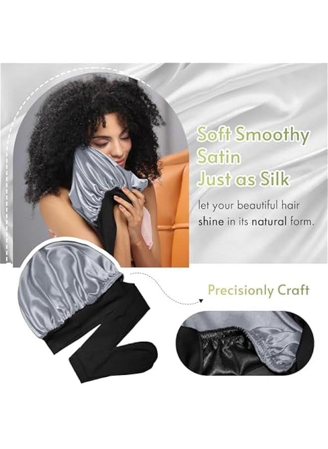 Generic Silk Bonnet for Sleeping Double Layer Satin Bonnet Reversible Bonnet with Tie Band Hair Bonnet Sleep Cap for Women Curly Hair,Black+Grey  - Image 5