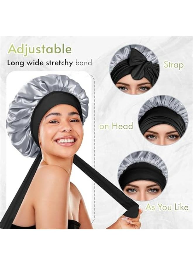 Generic Silk Bonnet for Sleeping Double Layer Satin Bonnet Reversible Bonnet with Tie Band Hair Bonnet Sleep Cap for Women Curly Hair,Black+Grey  - Image 4