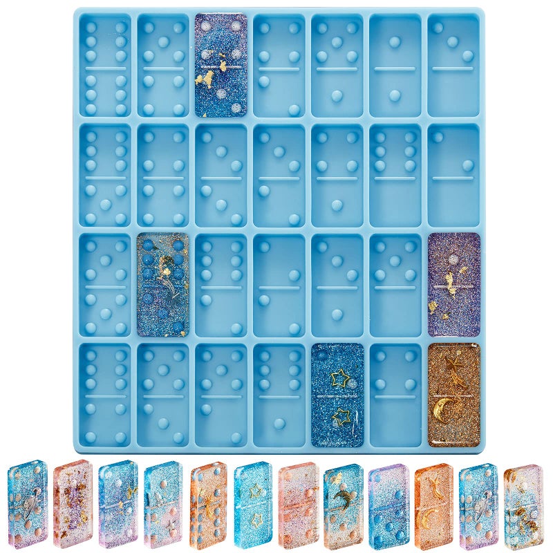 Patelai Domino Mold for Resin Domino Mold for Epoxy Candy Clay Chocolate Mould 28 Cavities Silicone Mould Pendant Epoxy Cake Jewelry Making Tool(Classical,Blue)