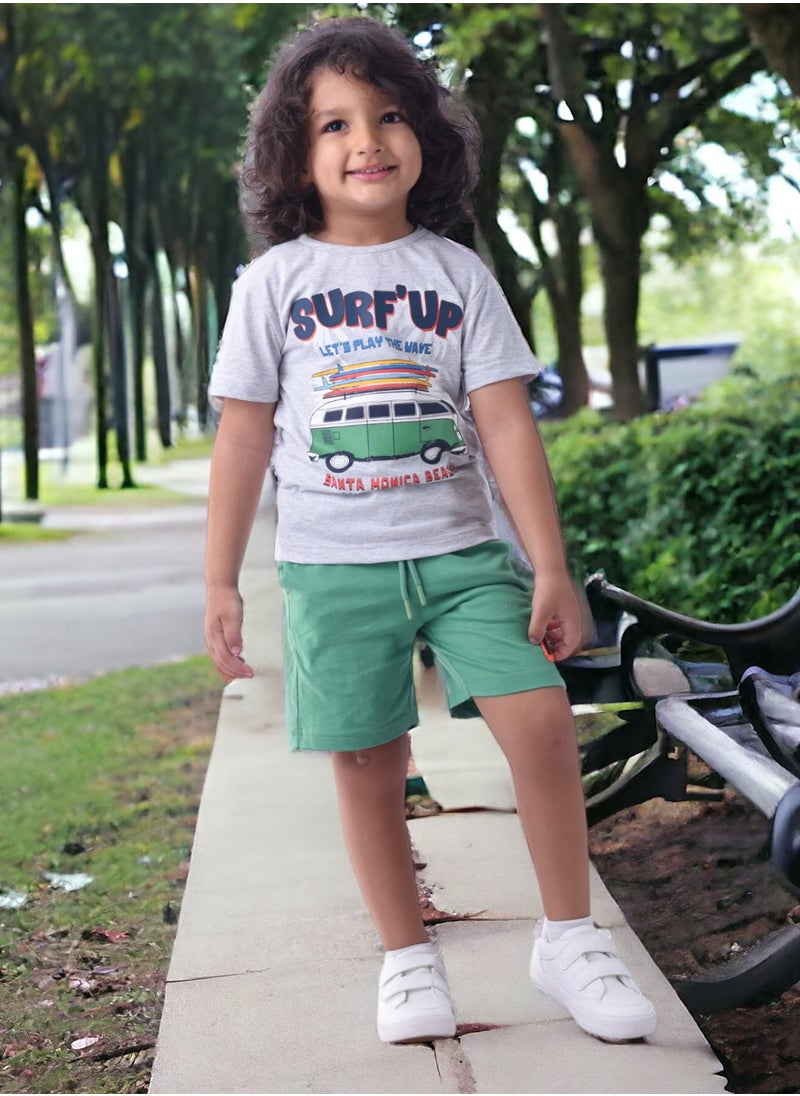 victor and jane - Kids Boys Set Comfortable 2-Piece T-Shirt & Shorts Set (2-8 Years)- Grey & Green - Image 1