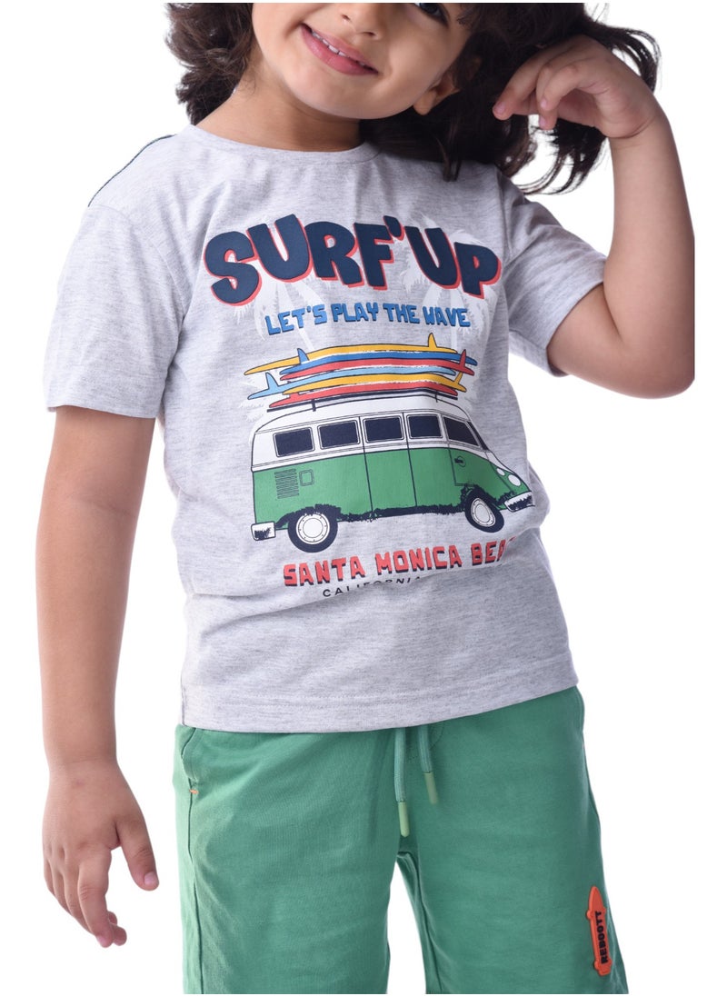 victor and jane - Kids Boys Set Comfortable 2-Piece T-Shirt & Shorts Set (2-8 Years)- Grey & Green - Image 1