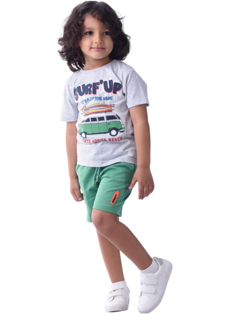 victor and jane - Kids Boys Set Comfortable 2-Piece T-Shirt & Shorts Set (2-8 Years)- Grey & Green - Image 1
