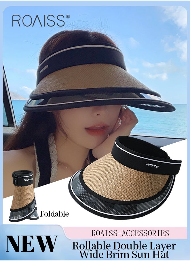 roaiss - Double Layer Wide Brim Sun Hat for Women Rollable Empty Top UPF50+ Sun Protection Outdoor Sports Cycling Beach Sun Cap Adjustable Size - Image 1