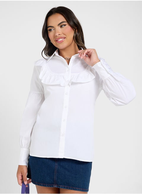Ruffle Neck Button Down Shirt