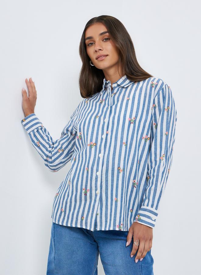 Styli Women Blue Striped Floral Embroidered Shirt - Image 3