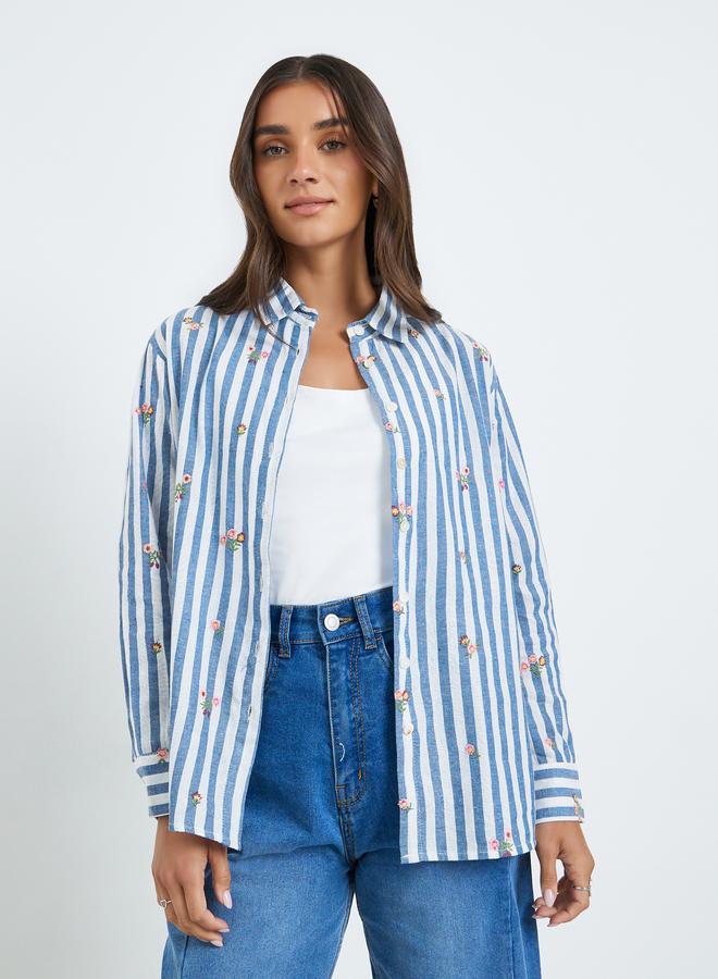 Styli Women Blue Striped Floral Embroidered Shirt - Image 1