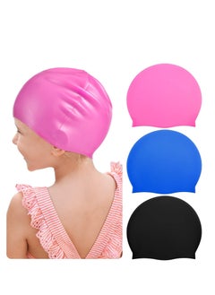 Excefore Kids Swim Cap for Boys Girls, Kids Swim Caps for Long Hair & Braids Silicone Swimming Cap, Large Waterproof Swim Hat, for Short/Long Hair to Keep Hair Dry (Pink, Blue, Black, 3 Pieces)  - Image 1