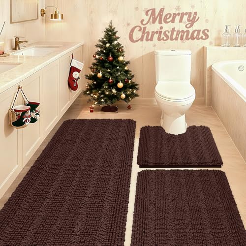 ACCUMTEK Striped Brown Bathroom Rug Set 3 Pieces Ultra Soft, Non Slip Chenille Toilet Mat, Absorbent Plush Shaggy Bath Mats for Bathroom, Bedroom, Kitchen - Image 1