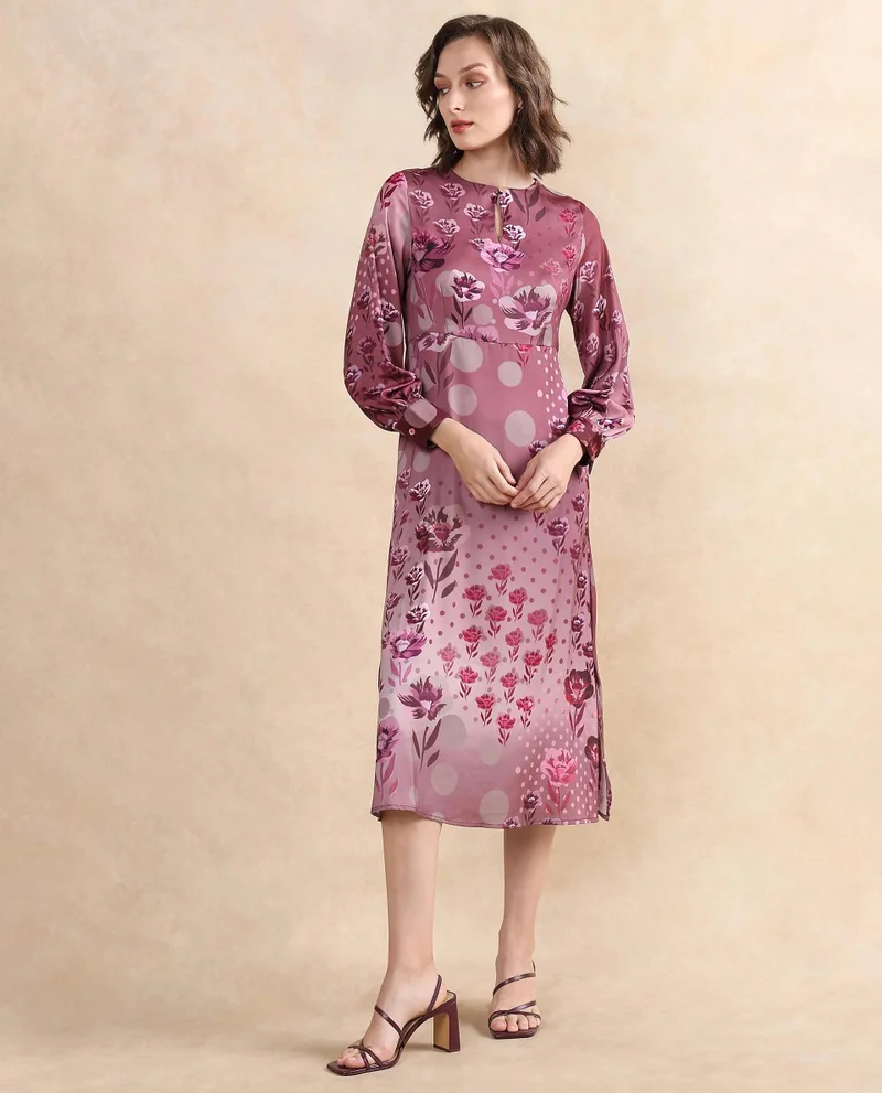 ريريزم Rareism Women Erzincan Multi Satin Cuffed Sleeve Round Neck Button Closure A-Line Maxi Floral Print Dress