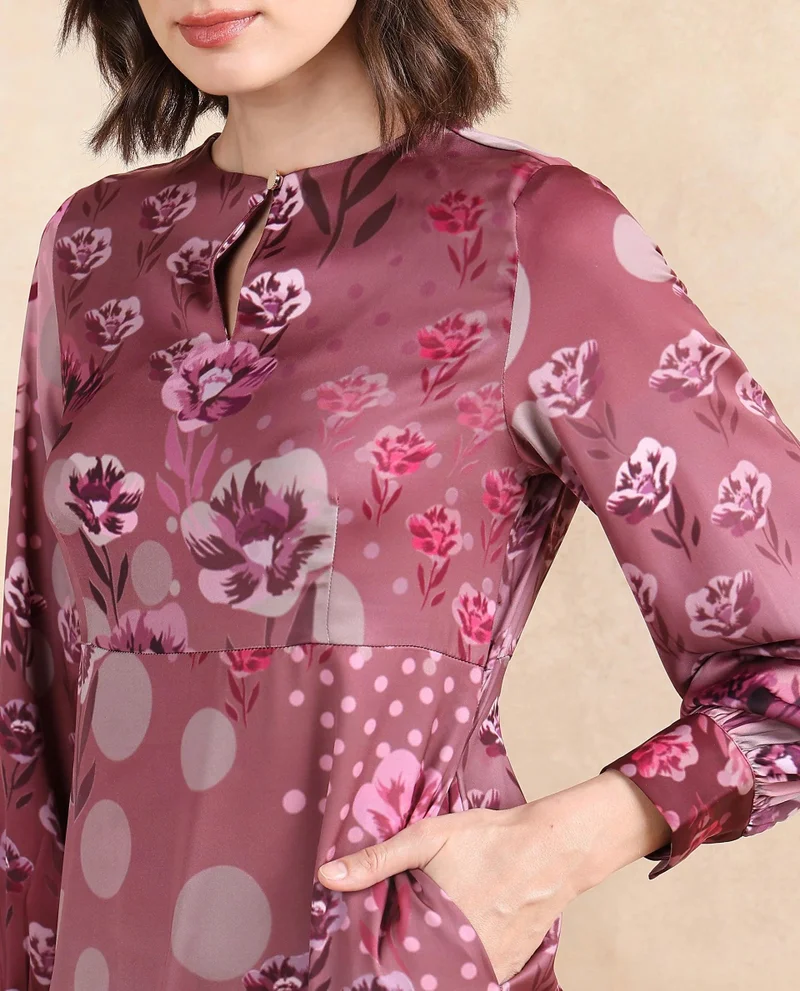 ريريزم Rareism Women Erzincan Multi Satin Cuffed Sleeve Round Neck Button Closure A-Line Maxi Floral Print Dress