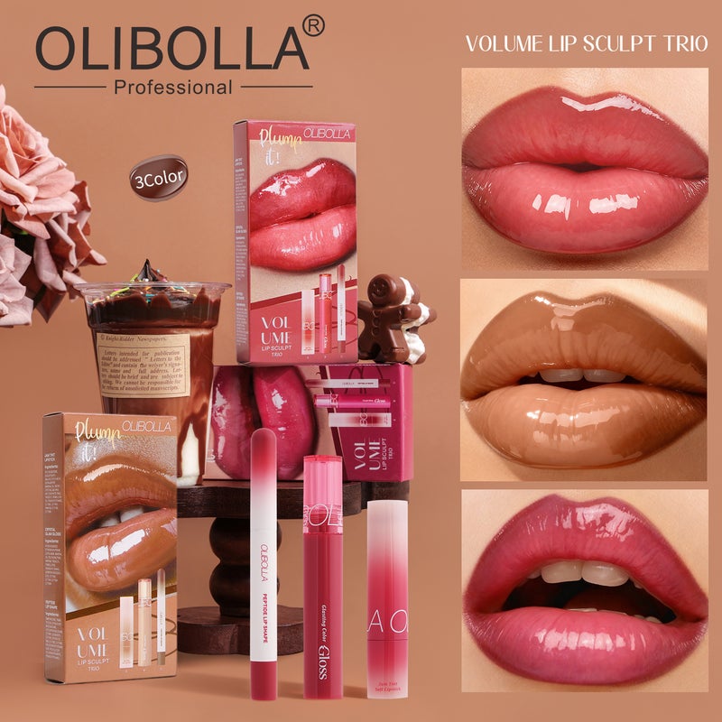 Exclusive Lip Makeup Set: Lip Liner + Glossy Lip Gloss + Mirror-Effect Lipstick, Three-Piece Set, Easy To Apply - Image 2