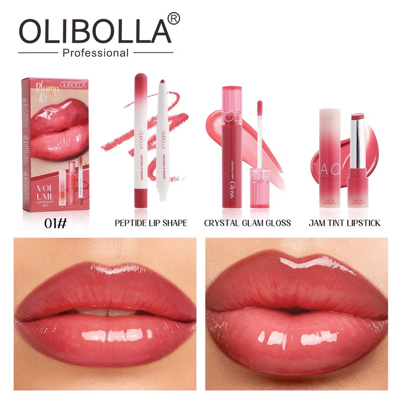 Exclusive Lip Makeup Set: Lip Liner + Glossy Lip Gloss + Mirror-Effect Lipstick, Three-Piece Set, Easy To Apply - Image 1