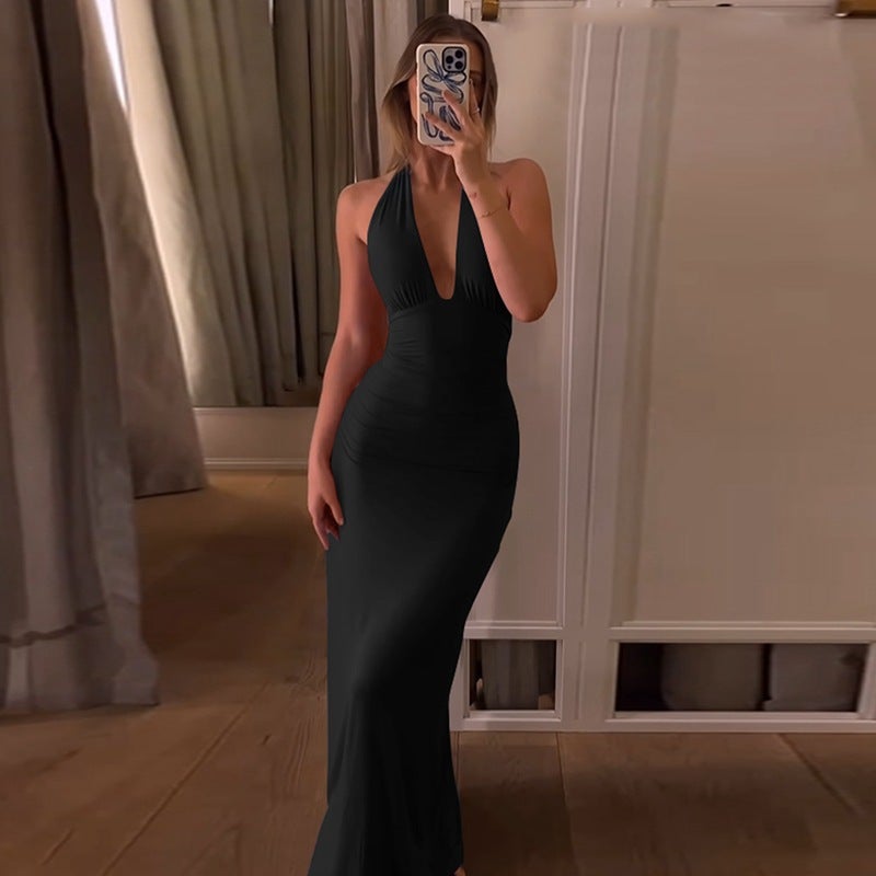 Li Fa Clothing 2025 European and American Cross-Border Ins Style Summer New Sexy V-Neck Halterneck Backless Pure Color Dress Black - Image 1