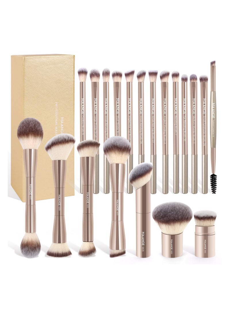 مانجي مجموعة فرش مكياج من مانج، 20 قطعة، مع صندوق هدايا، فرش مكياج متعددة الاستخدامات بطرفين لمزج البودرة السائلة والكونسيلر والكريم وأحمر الخدود، لون الشمبانيا - Image 1