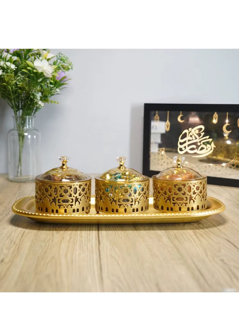 Ramadan Gold Metal Snack Dessert Tray  Ramadan Eid Party Home Tableware Decoration 3 Trays and 1 Plate Per Set - Image 1