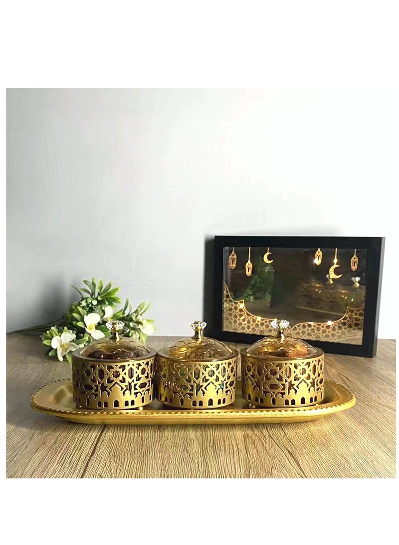 Ramadan Gold Metal Snack Dessert Tray  Ramadan Eid Party Home Tableware Decoration 3 Trays and 1 Plate Per Set - Image 2