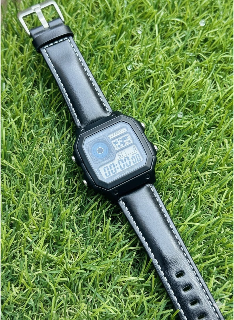 Macon Men’s Digital Sports Watch, Black Square Dial With Leather Strap, Alarm, Stopwatch, Waterproof - Image 2