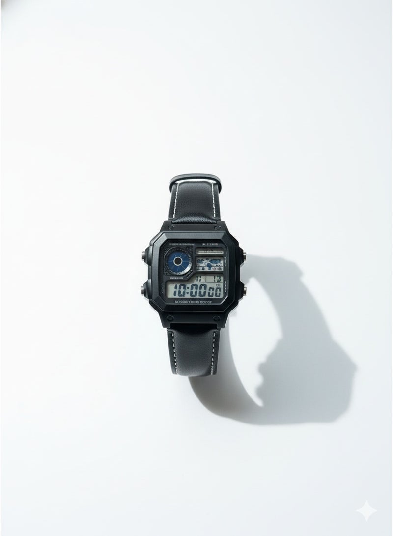 Macon Men’s Digital Sports Watch, Black Square Dial With Leather Strap, Alarm, Stopwatch, Waterproof - Image 3