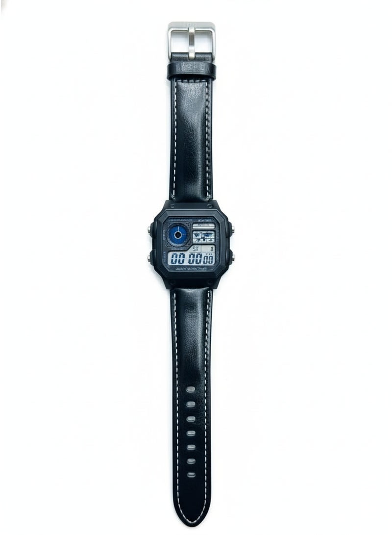 Macon Men’s Digital Sports Watch, Black Square Dial With Leather Strap, Alarm, Stopwatch, Waterproof - Image 1