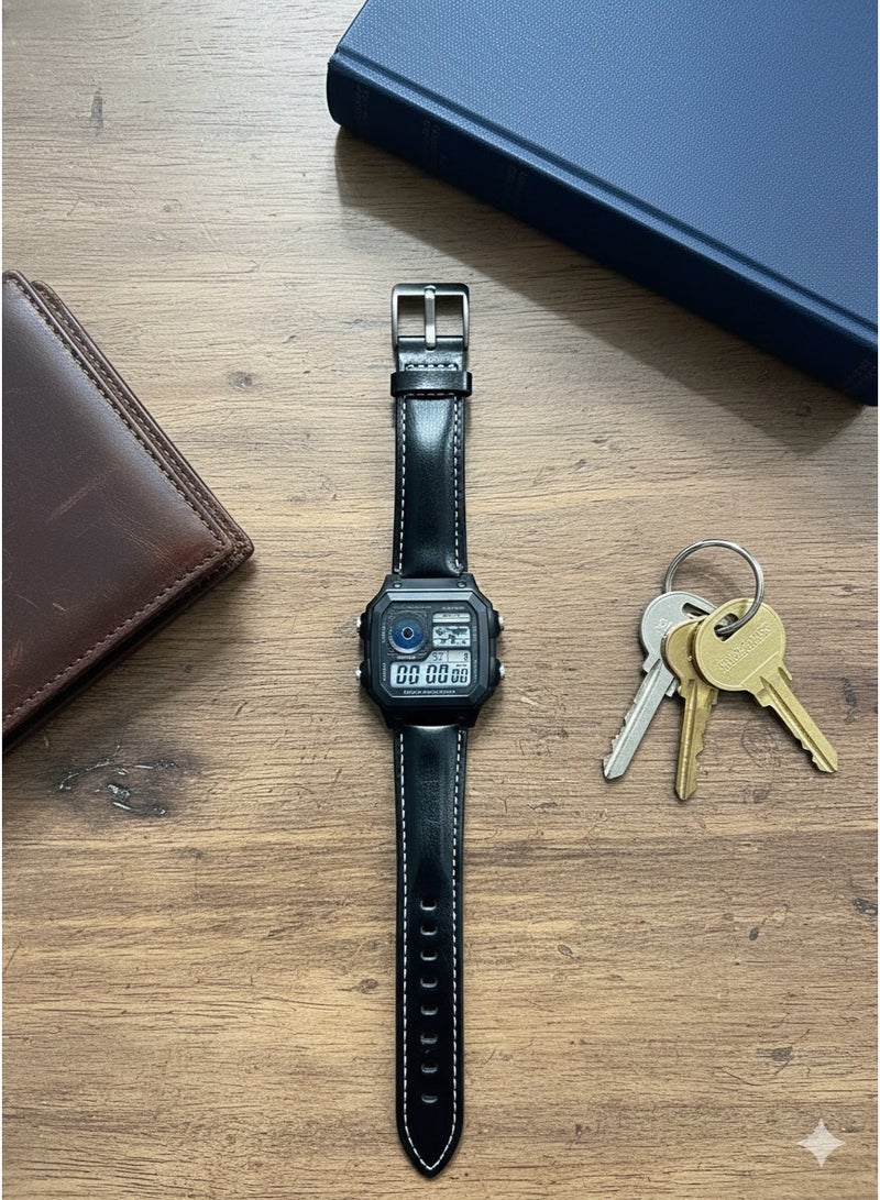 Macon Men’s Digital Sports Watch, Black Square Dial With Leather Strap, Alarm, Stopwatch, Waterproof - Image 5