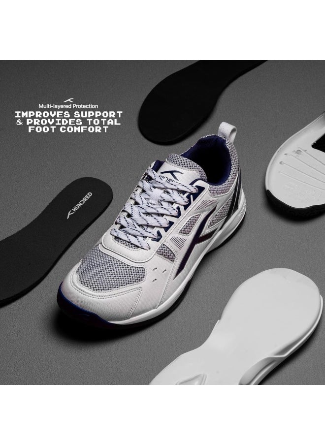 HUNDRED - HUNDRED Raze Badminton Shoes (Non Marking) | Lightweight & Durable | X-Cushion, Active Grip Sole, Toe Assist (White::Navy, 9UK) - Image 1