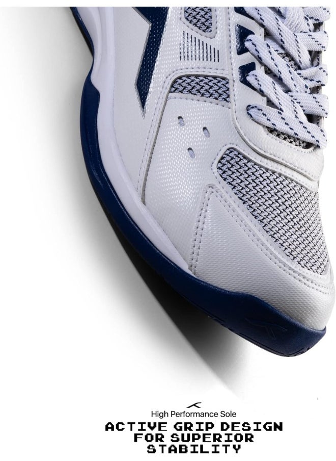 HUNDRED - HUNDRED Raze Badminton Shoes (Non Marking) | Lightweight & Durable | X-Cushion, Active Grip Sole, Toe Assist (White::Navy, 9UK) - Image 1