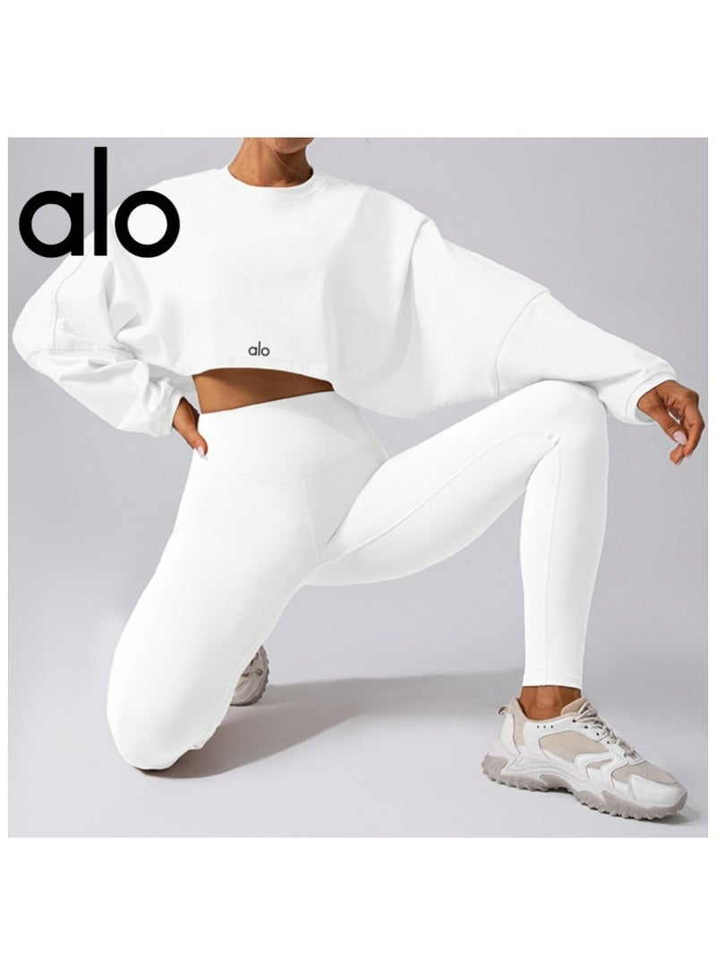 Alo Yoga هودي رياضي أبيض بأكمام طويلة فضفاض من ALO YOGA لفصل الخريف/الشتاء - Image 2