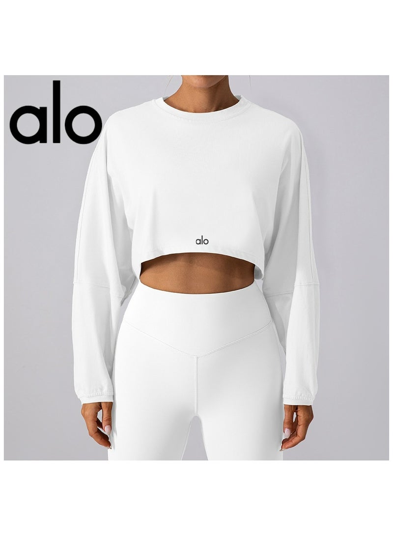 Alo Yoga هودي رياضي أبيض بأكمام طويلة فضفاض من ALO YOGA لفصل الخريف/الشتاء - Image 1
