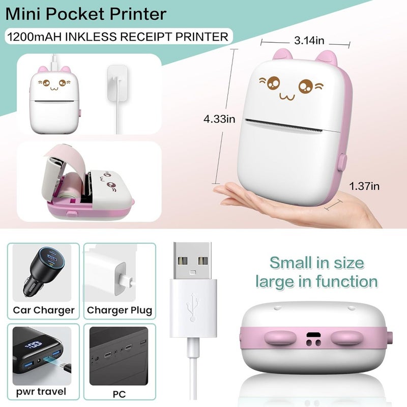 Mini Printer Portable Inkless Sticker Printer with 8 Rolls Paper Bluetooth Wireless Thermal Printer Compatible with iOS and Android for Journal Memo Photo Print Pod Gifts for Girls and - Image 5