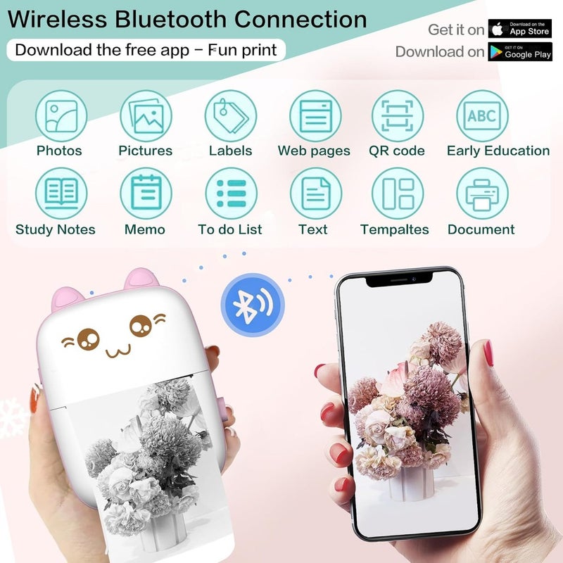 Mini Printer Portable Inkless Sticker Printer with 8 Rolls Paper Bluetooth Wireless Thermal Printer Compatible with iOS and Android for Journal Memo Photo Print Pod Gifts for Girls and - Image 2