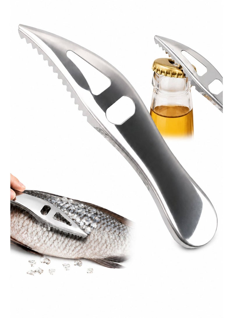 2 in 1 Stainless Steel Fish Scale Remover with Bottle Opener, Fish Scaler Scraper & Seafood Cleaning Tool for Kitchen Use - Image 1