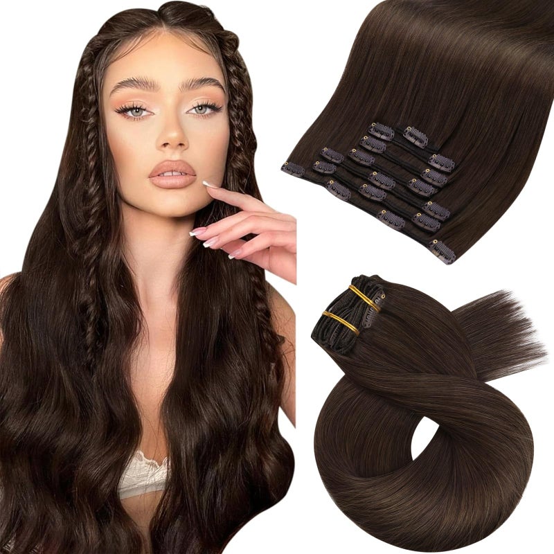 Moresoo Dark Brown Clip in Hair Extension Double Weft Real Hair Extensions Clip in Human Hair Brown Full Head Set 4 7pcs 120G 20 Inch