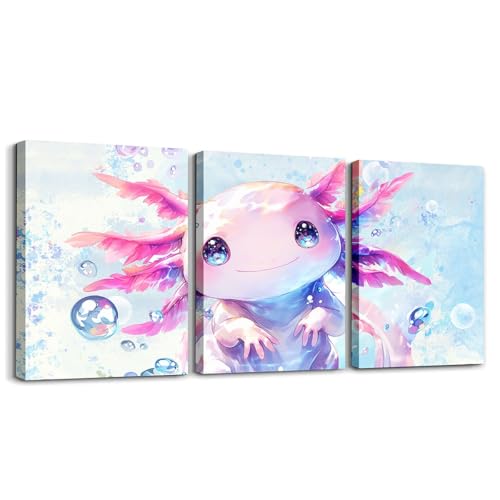 Feelyou Boys Girls Cute Axolotl Canvas Wall Art for Living Room Bedroom Ocean Sealife Wall Painting Posters and Prints Kids Kawaii Animal Picture Wall Decor Cartoon Bathroom Wall Art 12x16x 3Pcs - Image 1