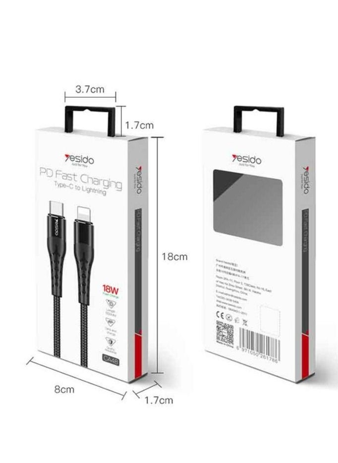 Yesido - CA48 PD Fast Type-C To Lightning Charging Cable 18W Flash Charge, Black - Image 1