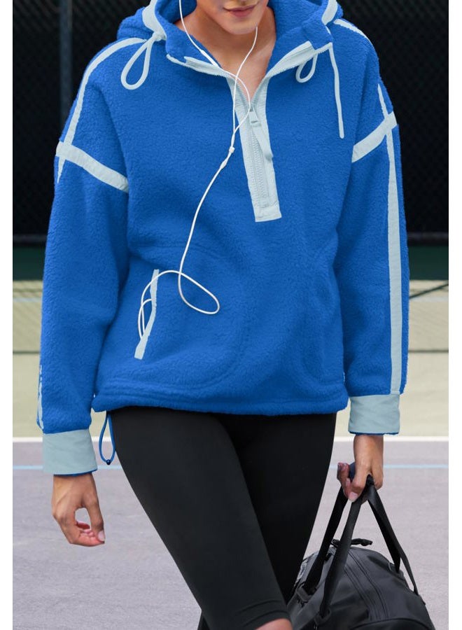 Panadila Womens Half Zip Fleece Pullover Oversized Hoodies Fuzzy Hooded Sweatshirt Cozy Sherpa Jacket, Bright Blue, S - Image 5