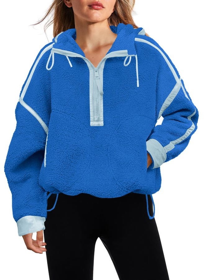 Panadila Womens Half Zip Fleece Pullover Oversized Hoodies Fuzzy Hooded Sweatshirt Cozy Sherpa Jacket, Bright Blue, S - Image 1
