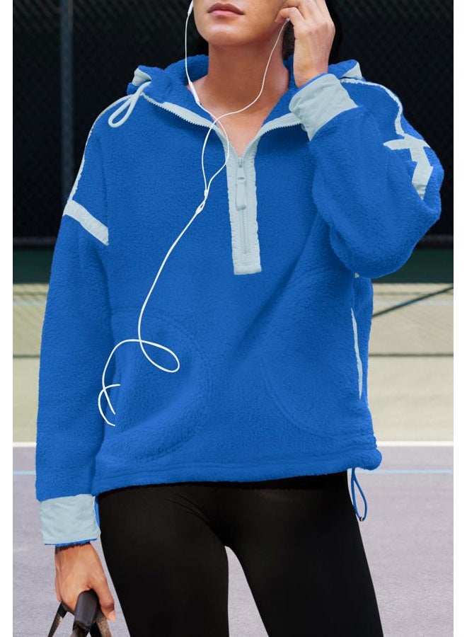 Panadila Womens Half Zip Fleece Pullover Oversized Hoodies Fuzzy Hooded Sweatshirt Cozy Sherpa Jacket, Bright Blue, S - Image 3