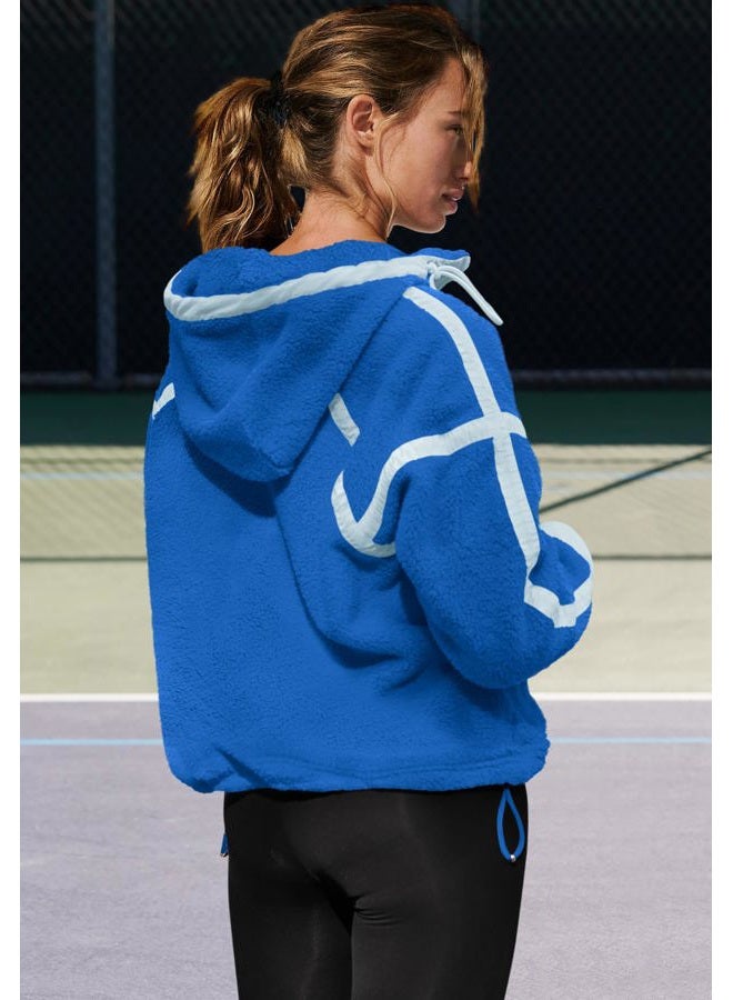 Panadila Womens Half Zip Fleece Pullover Oversized Hoodies Fuzzy Hooded Sweatshirt Cozy Sherpa Jacket, Bright Blue, S - Image 4