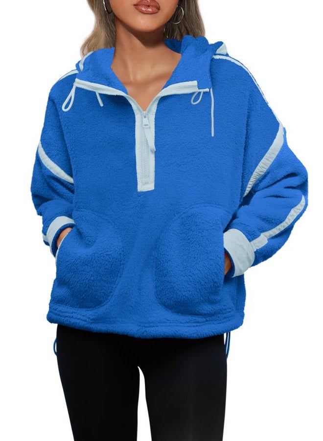 Panadila Womens Half Zip Fleece Pullover Oversized Hoodies Fuzzy Hooded Sweatshirt Cozy Sherpa Jacket, Bright Blue, S - Image 2