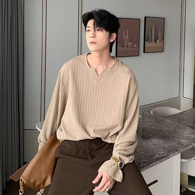Autumn and Winter New V Neck Long-Sleeved T-Shirt Men's Textured High-End Early Autumn Lazy Loose Trendy Wholesale