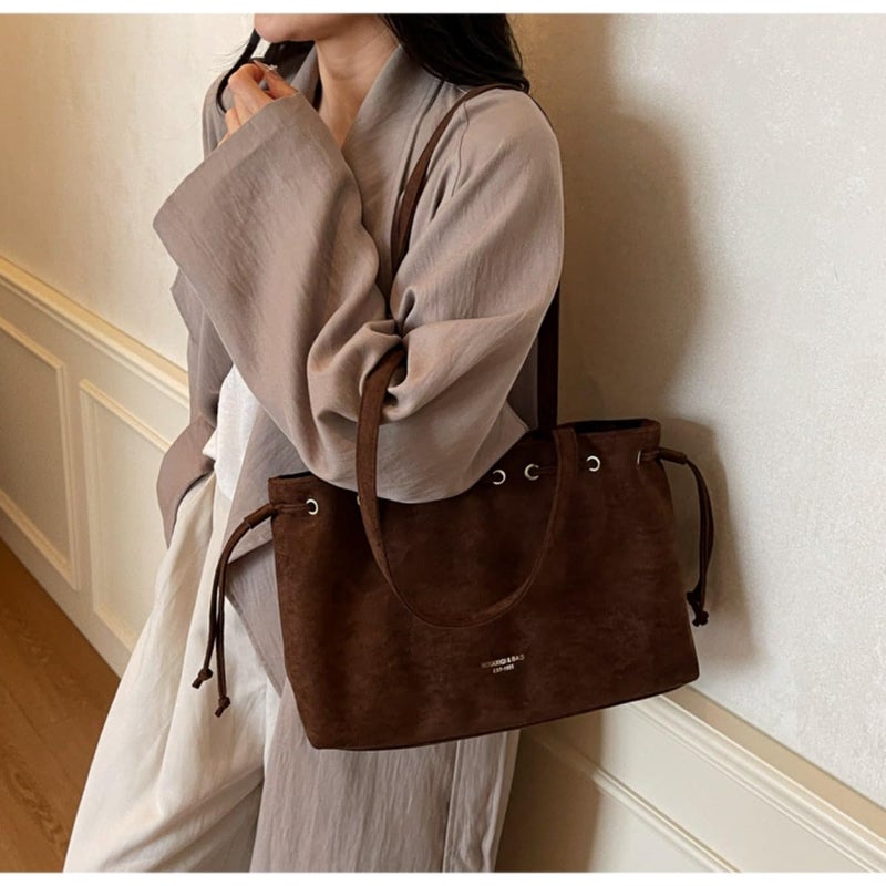KeAiDMon Retro Suede Bucket Purse Causal Travel College Crossbody Bag Drawstring Handbag Purse for Women Shouder Straps Tote (coffee) - Image 2