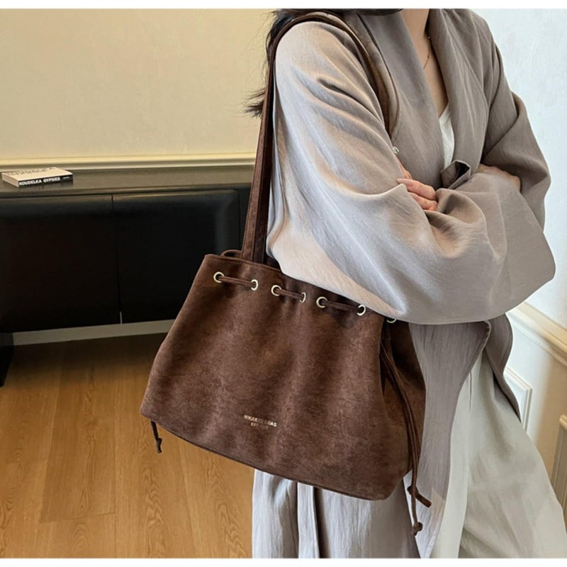 KeAiDMon Retro Suede Bucket Purse Causal Travel College Crossbody Bag Drawstring Handbag Purse for Women Shouder Straps Tote (coffee) - Image 3