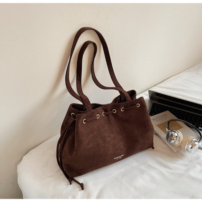KeAiDMon Retro Suede Bucket Purse Causal Travel College Crossbody Bag Drawstring Handbag Purse for Women Shouder Straps Tote (coffee) - Image 4