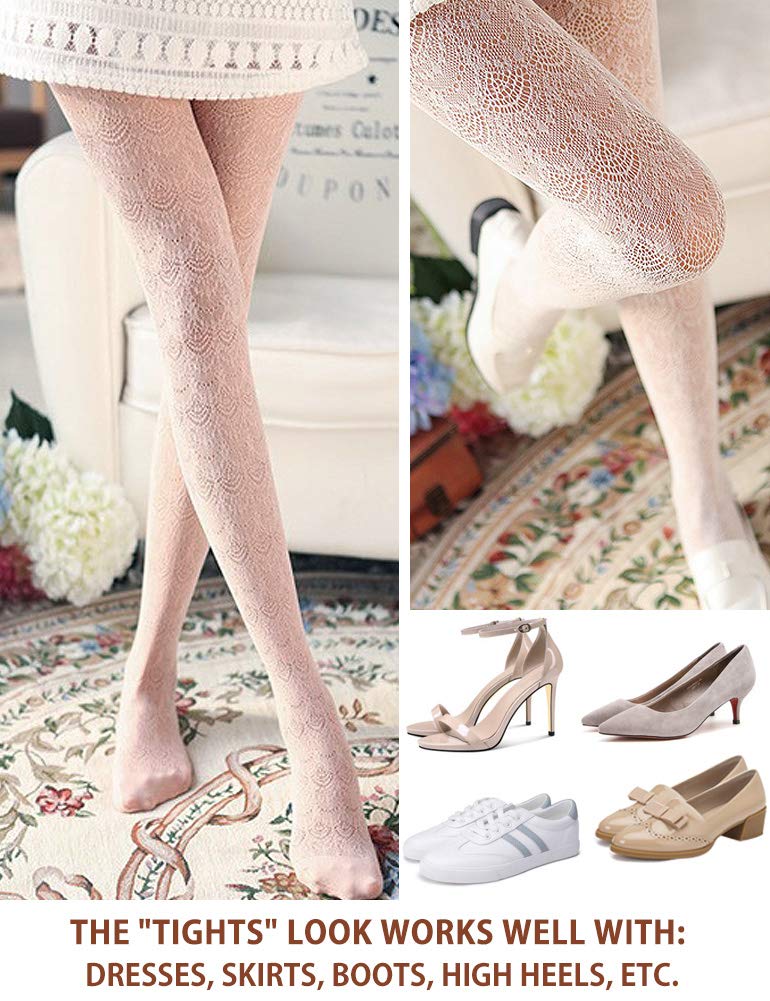 VERO MONTE 1 Pair Womens Patterned Lace Tights (White) Hollow Out Knit Stockings - Image 3