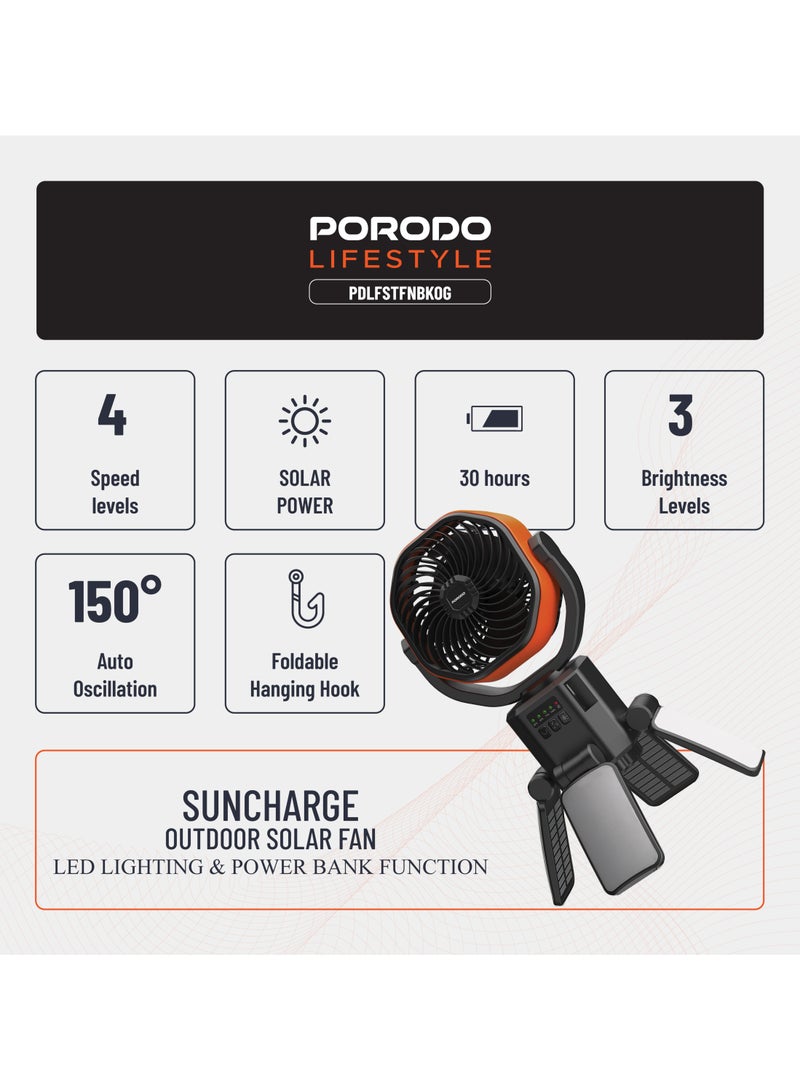بورودو مروحة لايف ستايل صن تشارج الخارجية تعمل بالطاقة الشمسية مع إضاءة LED وخاصية بنك الطاقة / مروحة محمولة ببطارية 6000 مللي أمبير / ساعة / خطاف تعليق قابل للطي / 4 مستويات سرعة - أسود/برتقالي - Image 2