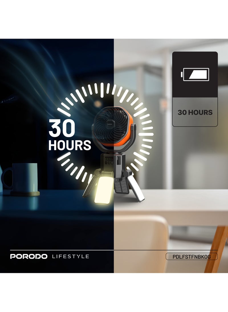 بورودو مروحة لايف ستايل صن تشارج الخارجية تعمل بالطاقة الشمسية مع إضاءة LED وخاصية بنك الطاقة / مروحة محمولة ببطارية 6000 مللي أمبير / ساعة / خطاف تعليق قابل للطي / 4 مستويات سرعة - أسود/برتقالي - Image 5