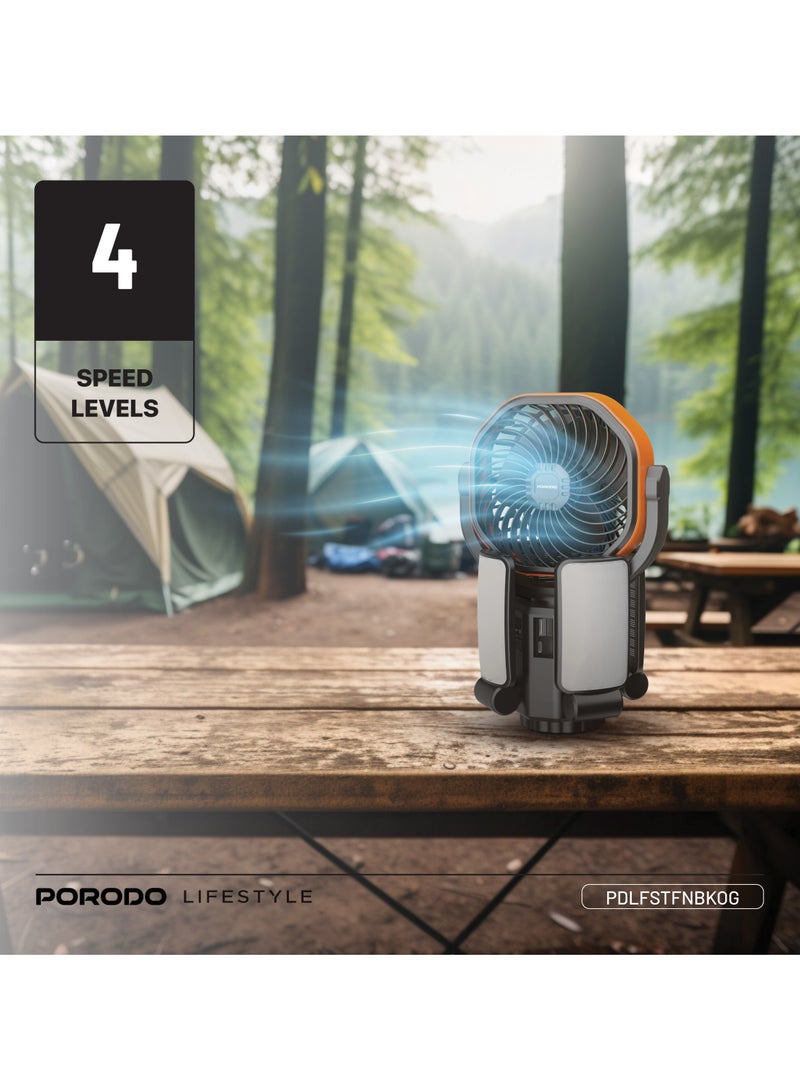 بورودو مروحة لايف ستايل صن تشارج الخارجية تعمل بالطاقة الشمسية مع إضاءة LED وخاصية بنك الطاقة / مروحة محمولة ببطارية 6000 مللي أمبير / ساعة / خطاف تعليق قابل للطي / 4 مستويات سرعة - أسود/برتقالي - Image 3