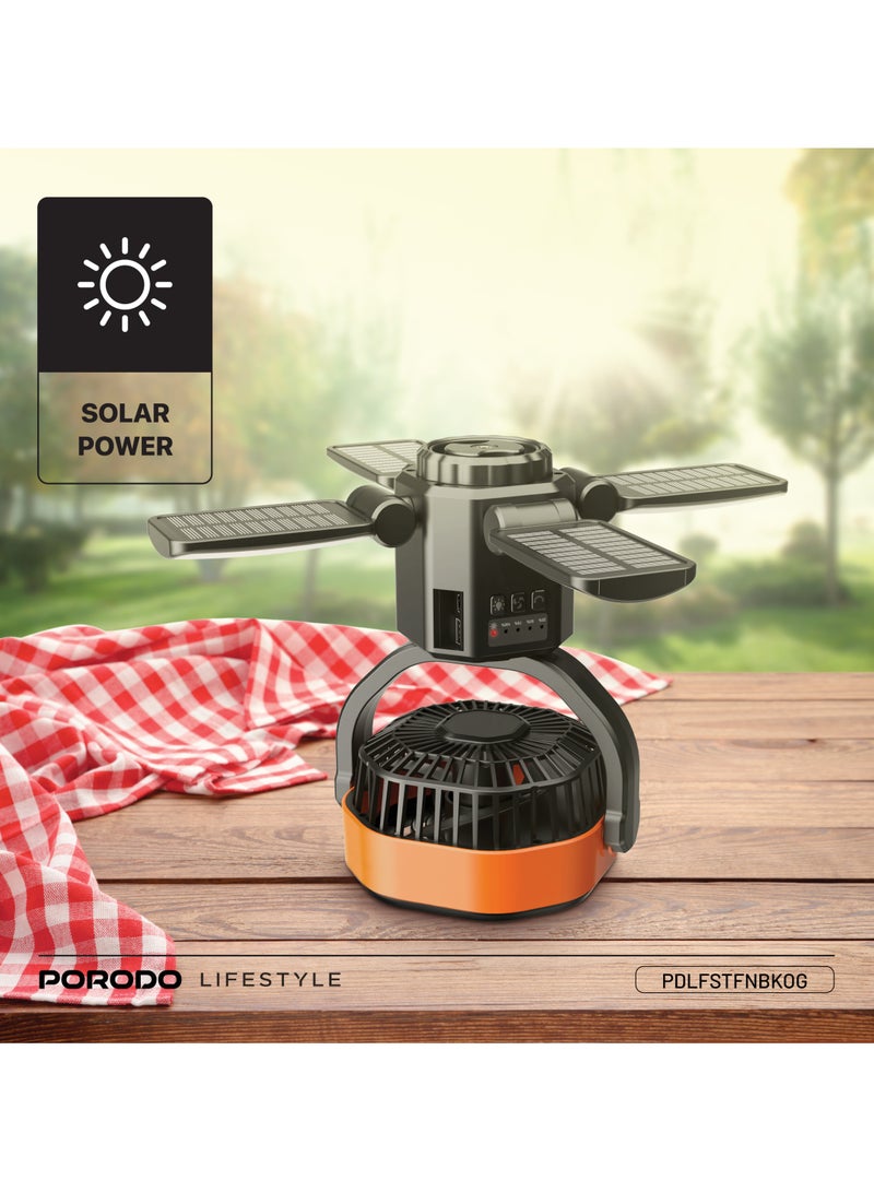 بورودو مروحة لايف ستايل صن تشارج الخارجية تعمل بالطاقة الشمسية مع إضاءة LED وخاصية بنك الطاقة / مروحة محمولة ببطارية 6000 مللي أمبير / ساعة / خطاف تعليق قابل للطي / 4 مستويات سرعة - أسود/برتقالي - Image 4